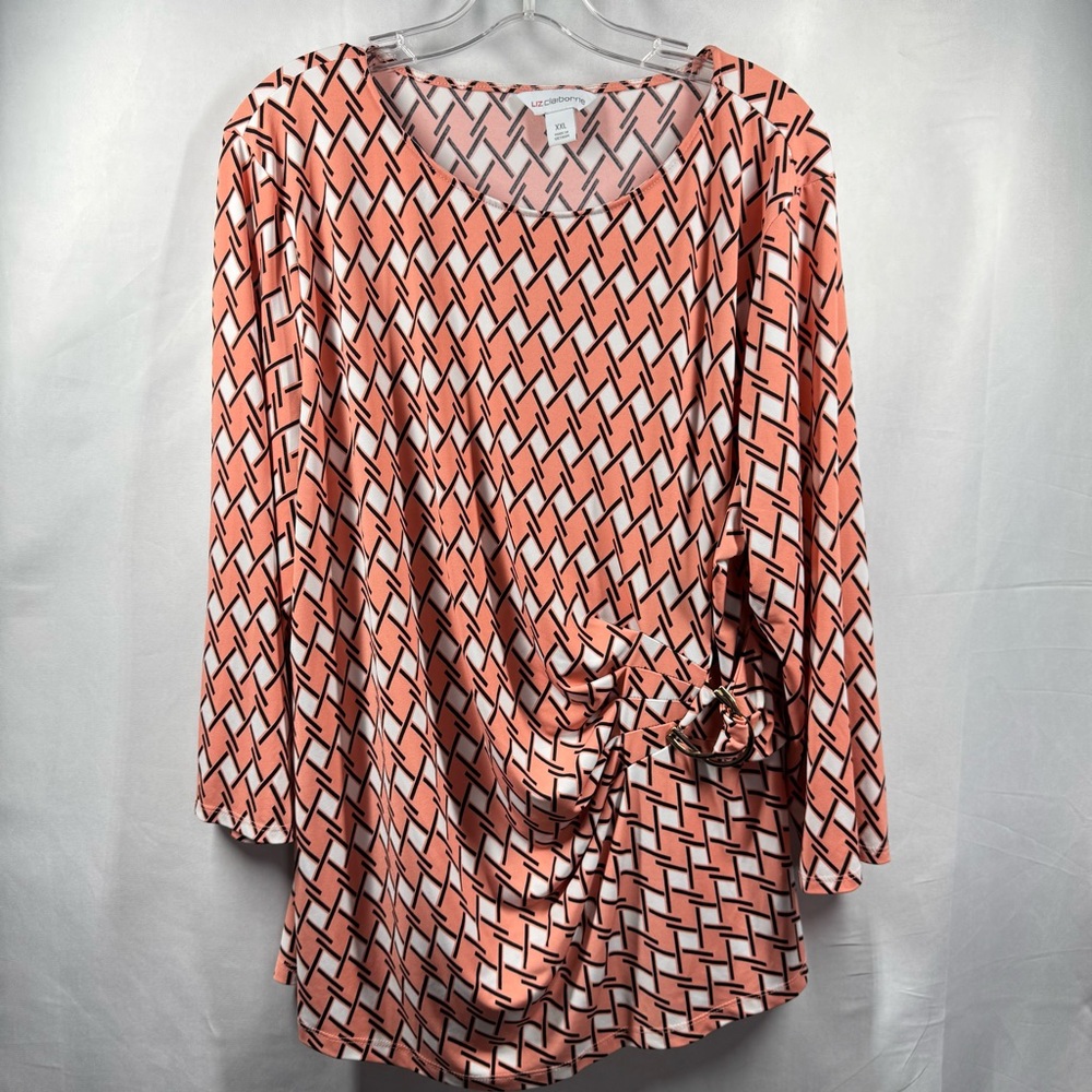 Liz Claiborne Womens 2XL Blouse with Ruched Tie Front Long Sleeve Geometric